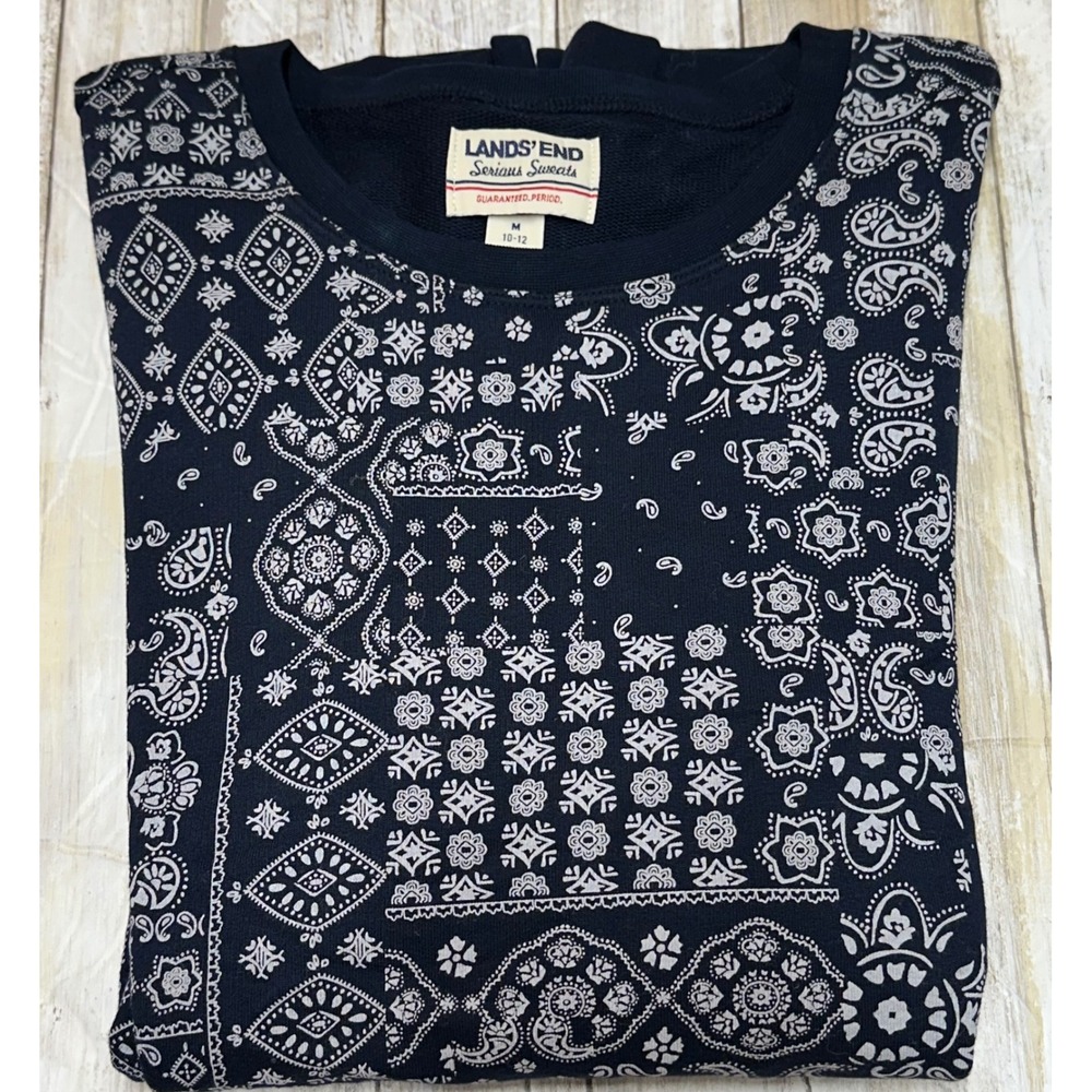 Lands End Womens Sweatshirt Navy White Bandana Print‎ Crew Neck Size Medium